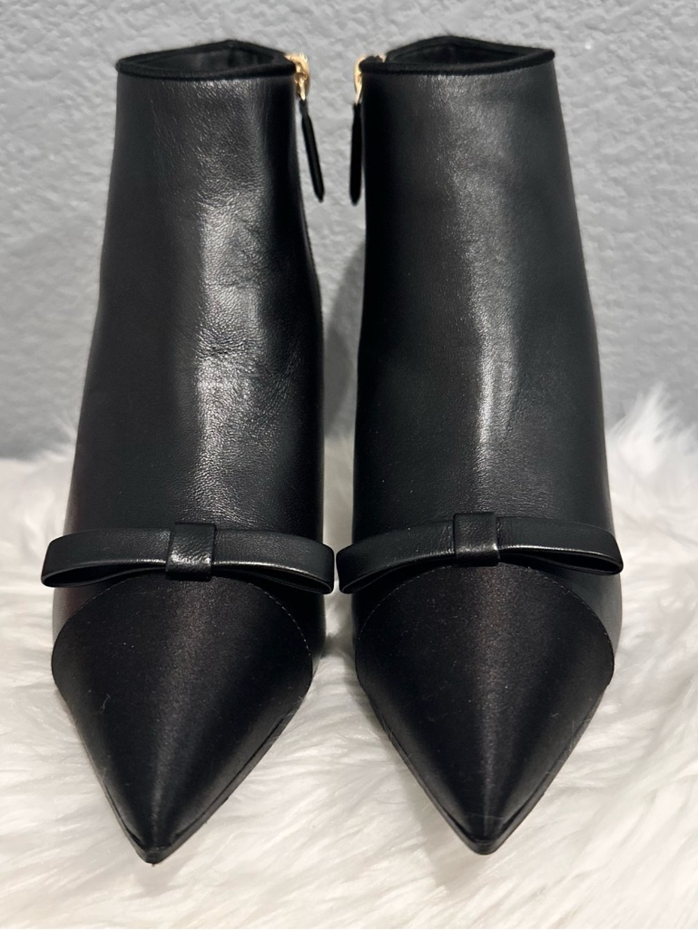 CHANEL Black Leather Pointed Toe Ankle Booties with Bow and Gold Zip